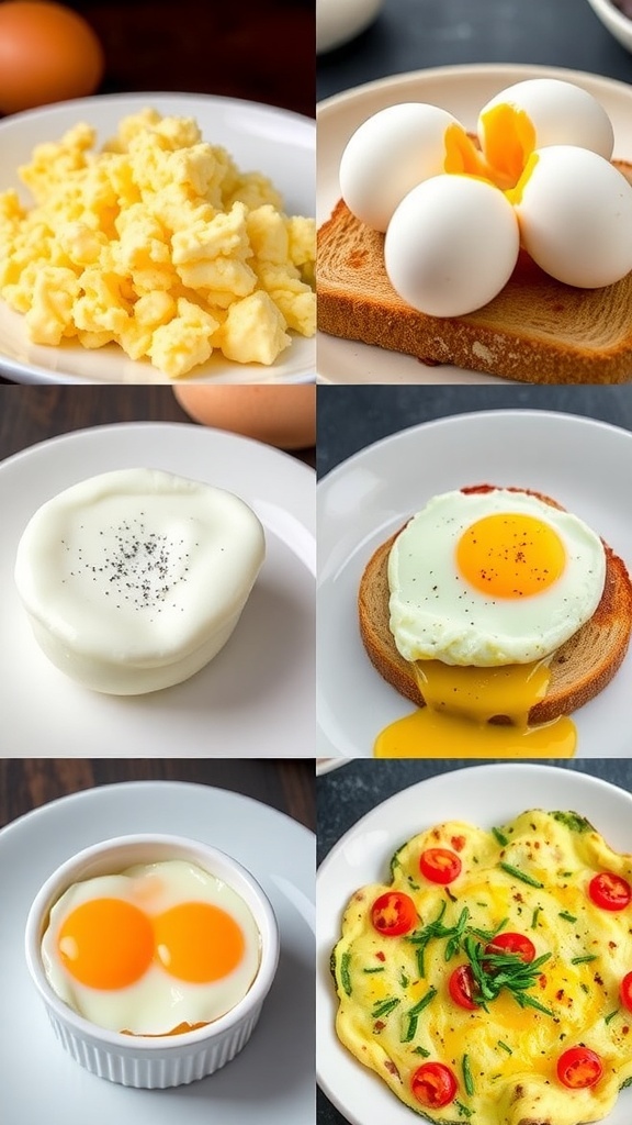 Versatile Egg Recipes: 6 Delicious Ways to Prepare Eggs A collage of six egg dishes including scrambled, boiled, poached, fried, baked, and an omelet.